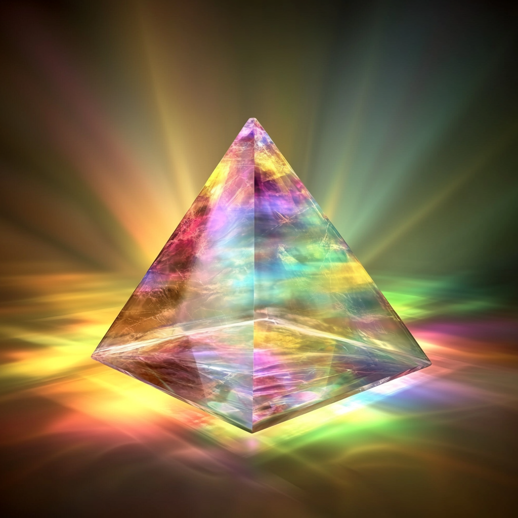 A crystalline, irregularly shaped prism suspended in darkness, refracting beams of light into changing spectrums that blend and shift as the viewer’s perspective changes.