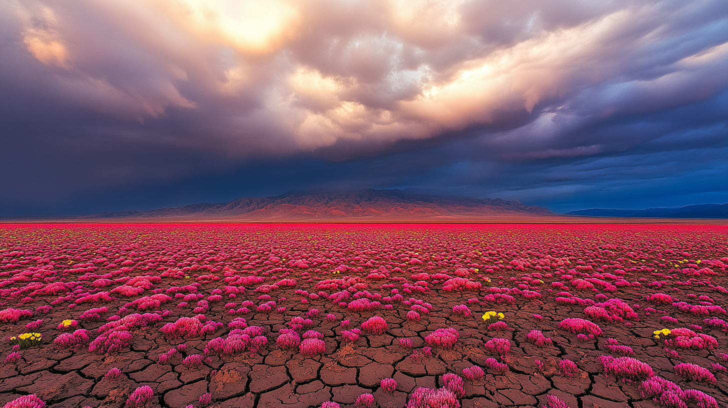 Wide view of a desert plain with clusters of vibrant wildflowers growing amidst cracked, barren earth.