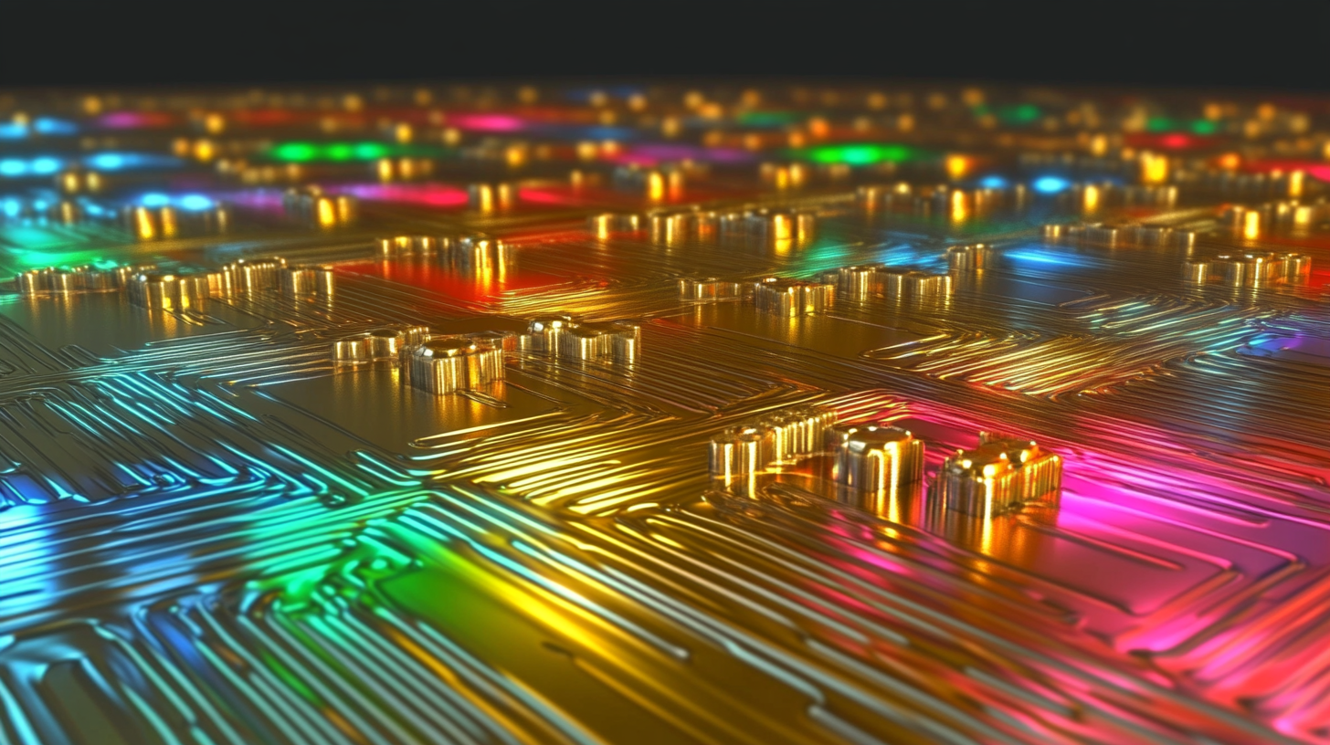 Electronic channels with glowing pathways are intermittently blocked by metal gates, some paths lit and others fading.