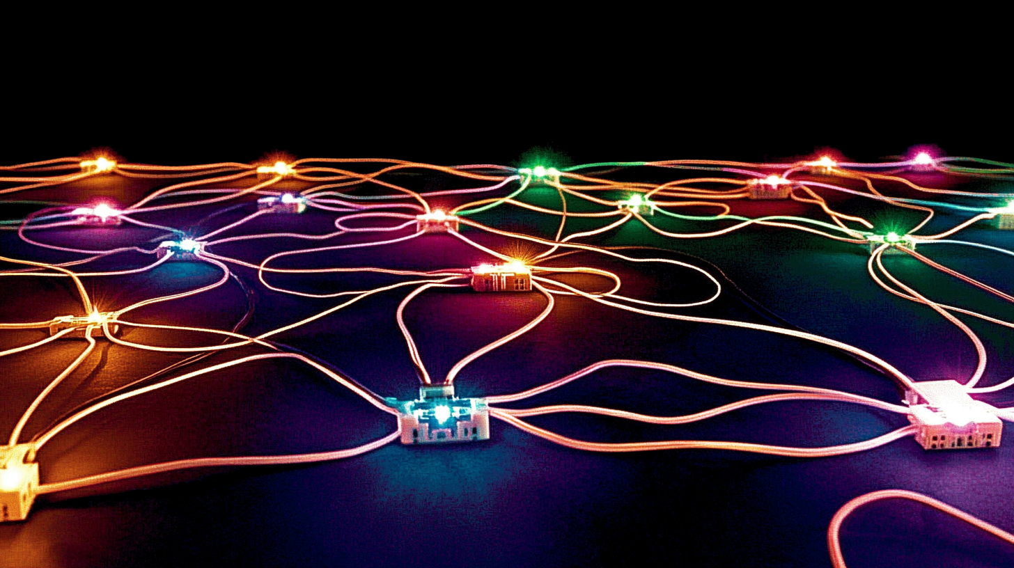 Exposed, glowing circuit lines stretch outward, with illuminated pathways branching off into smaller hubs.