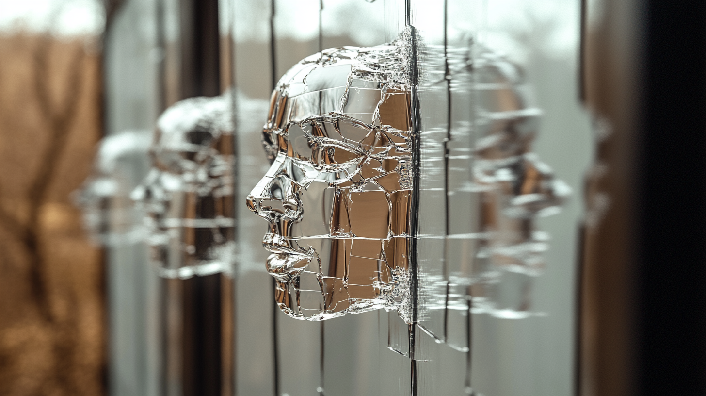 A fractured mirror of interlocking glass shards reflects a partial, distorted human face. Some shards are clear, others blurred, symbolizing fragmented understanding of AI where transparency reveals only parts of the whole.