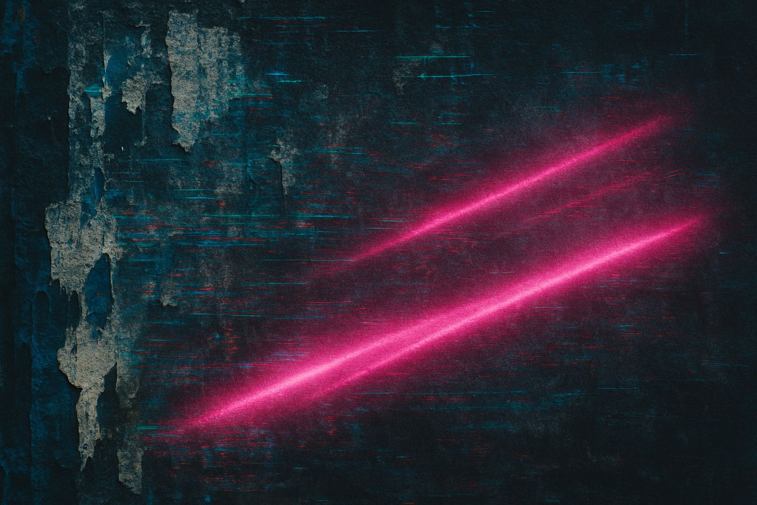 A layered abstract image of peeling posters, glitch effects, spectral outlines, and neon rose pink annotations glowing faintly among fragmented digital textures.