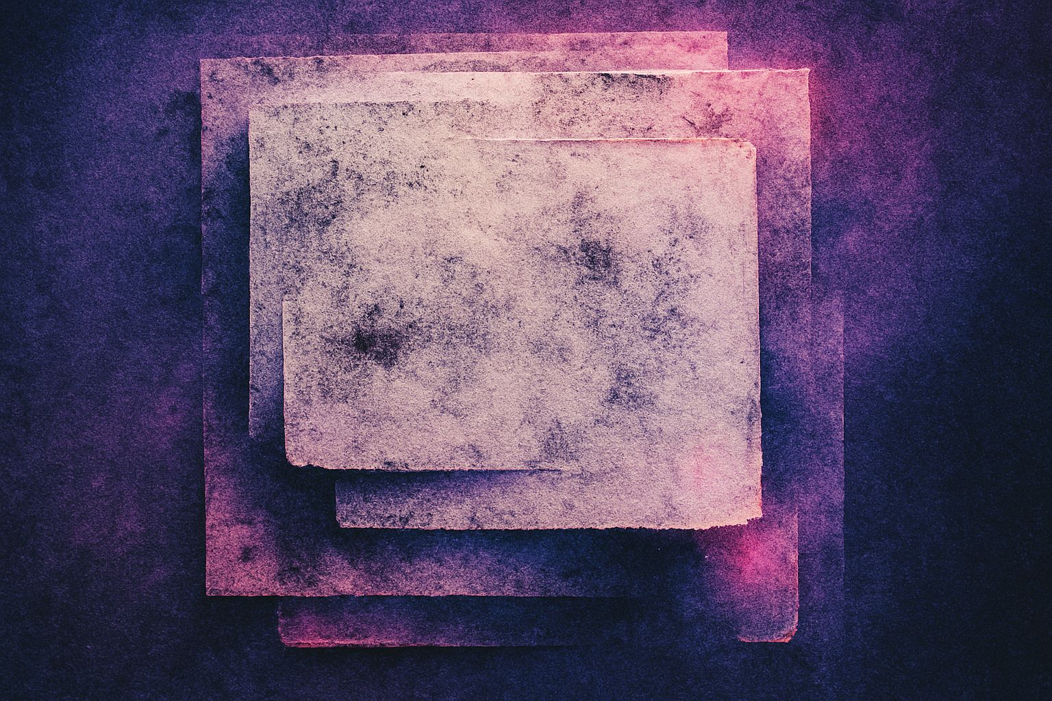 Overlapping layers of textured paper and ink smudges form ghostly, imperfect copies, with purple and pink highlights glowing against deep blue shadows.