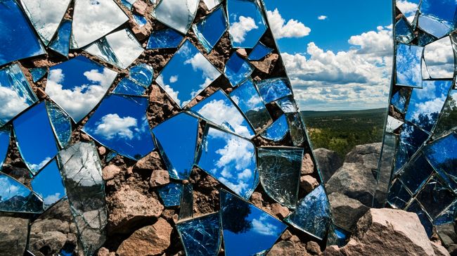 An arrangement of broken mirror shards on cracked soil, each fragment reflecting different pieces of sky and landscape.