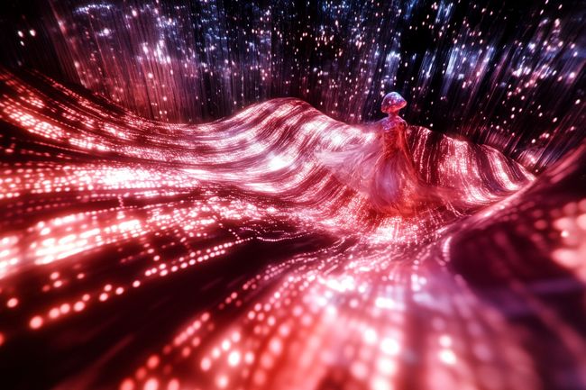 A translucent humanoid figure dissolves into waves of data in a dream-like AI-generated world, surrounded by neural networks and shifting architecture.