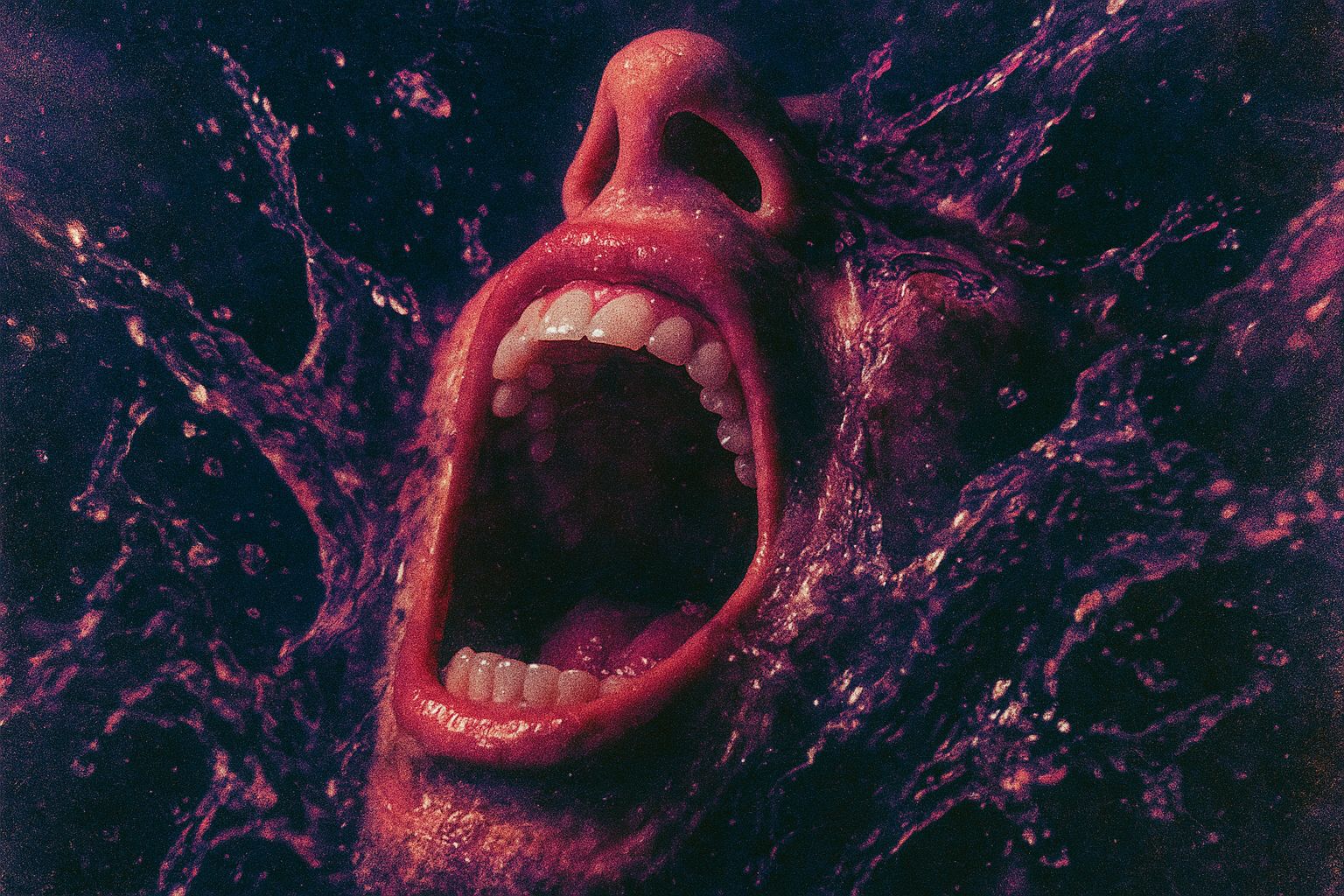 An open mouth mid-scream, surrounded by swirling purple and magenta water.