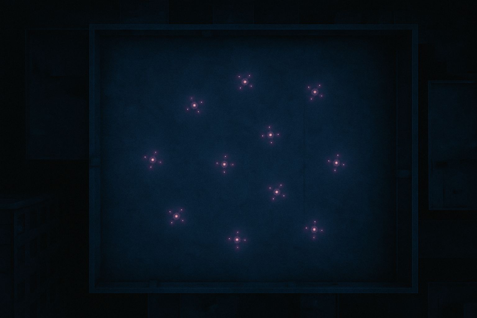 A surreal nighttime rooftop dotted with glowing microdrones hovering in isolation, casting soft thistle and rose light in a sea of dark blue and black shadows.