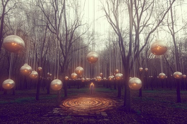 A surreal twilight orchard with glowing orbs on leafless trees and a reflective humanoid figure holding a spiral of golden sand.