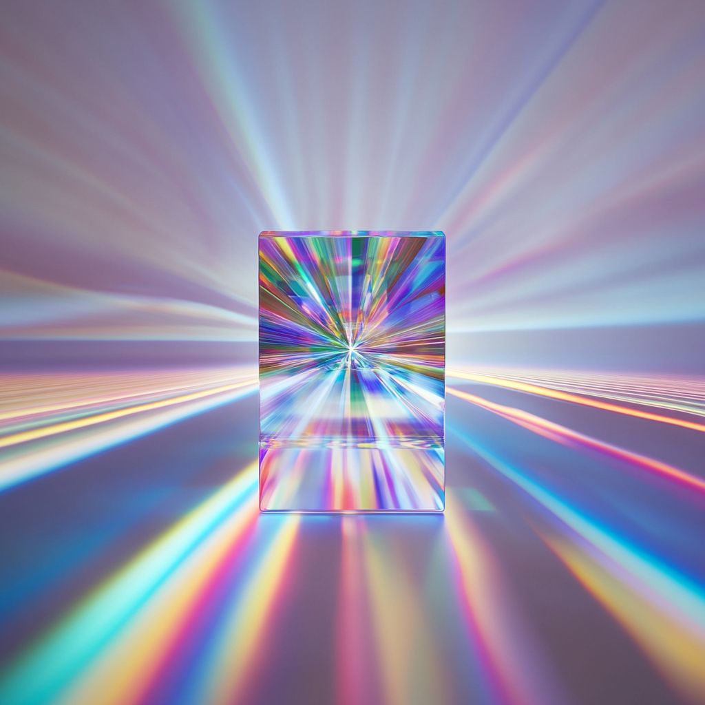 A crystalline prism with light beams passing through it, splitting into vibrant colors.